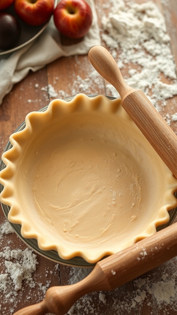 Homemade Pie Crust Recipe Homemade pie crust in a dish with a rolling pin and flour in a rustic kitchen.
